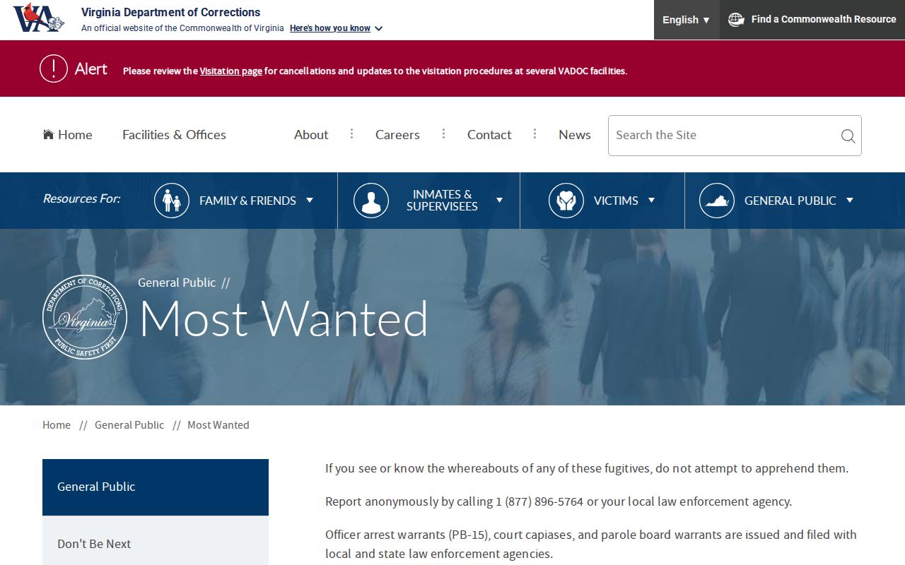 Virginia VADOC Most Wanted source for Frederick County warrant-check context