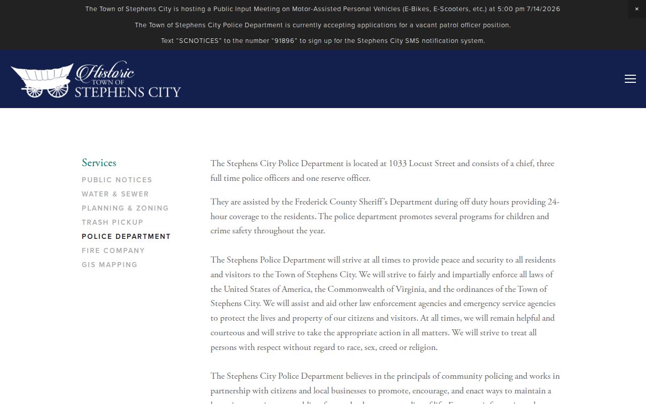 Stephens City Police Department arrest-record contact source